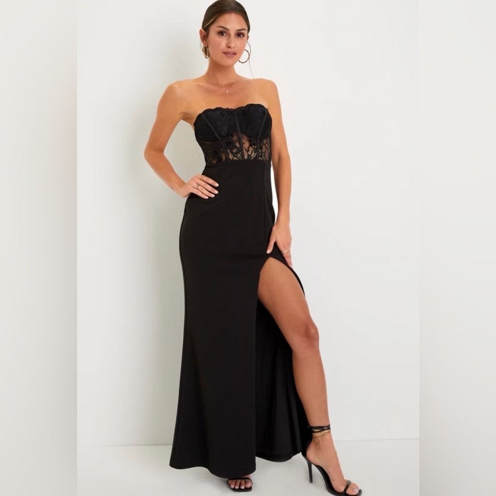 Sultry Persona Black Lace Strapless Bustier Mermaid Maxi Dress